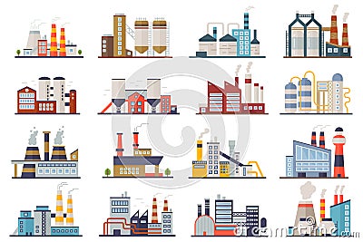 Factory industry manufactory power electricity buildings flat icons set isolated. Urban factory plant landscape vector Vector Illustration