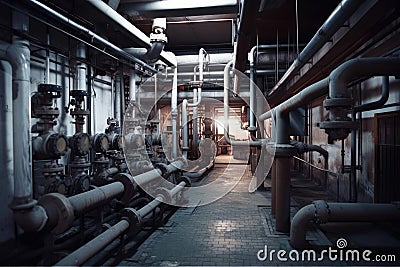A factory interior with a maze of pipes, valves, and gauges Stock Photo