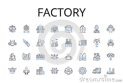 Factory line icons collection. Plantation, Workshop, Foundry, Forge, Assembly line, Manufacturer, Production house Vector Illustration