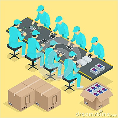 Factory Manual assembly line with works and conveyor belt controlled manufacturing process isometric poster vector Vector Illustration