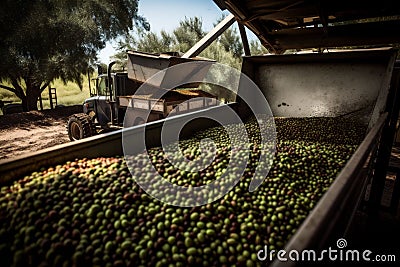 production agriculture food green oil machinery factory olive process organic. Generative AI. Stock Photo