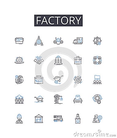 Factory line icons collection. Plantation, Workshop, Foundry, Forge, Assembly line, Manufacturer, Production house Vector Illustration