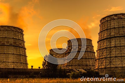 Factory pipe smoke sunset industrial landscape Stock Photo