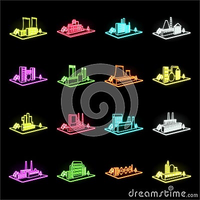 Factory and plant neon icons in set collection for design. Production and enterprise vector isometric symbol stock web Vector Illustration