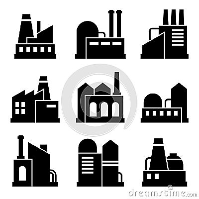 Factory and Power Industrial Building Icon Set Vector Illustration