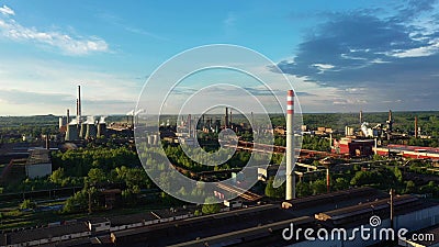 Factory metal steel drone aerial video shot smoke chimneys black processing hot, smog city Ostrava, dust air dron refinery Stock Photo