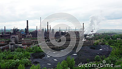 Factory processing hot metal steel drone aerial video shot smoke chimneys black, smog city Ostrava, dust air dron Stock Photo