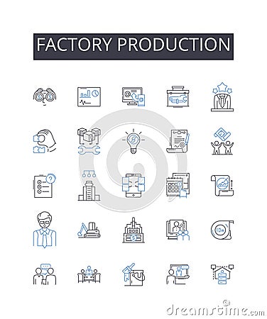 Factory production line icons collection. Industrial manufacturing, Mass production, Line assembly, Assembly line Vector Illustration