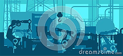Factory production line - industrial plant shop interior, manufacturing engineering tool silhouettes Vector Illustration