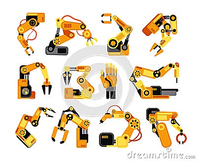 Factory robot arms manufacturing industrial equipment vector set Vector Illustration