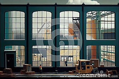 factory, with row of plastic windows being cut and assembled Stock Photo