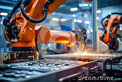 Factory's robotic arm, steered by AI, assembles electronics with meticulous accuracy Stock Photo