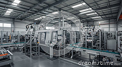Factory setting featuring advanced industrial robots and automated machinery within Stock Photo