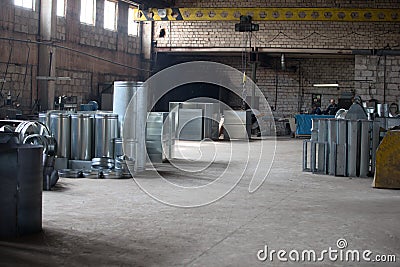 Workshop manufacturing ventilation pipes. Editorial Stock Photo