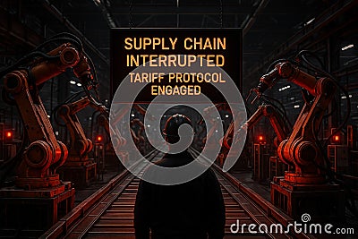 Factory shutdown scenario with industrial robots and alert display showing supply chain interruption and tariff protocol Stock Photo