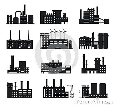 Factory silhouette. Industrial building icons. Manufacture plant and power station with chimneys, windmills and solar Vector Illustration