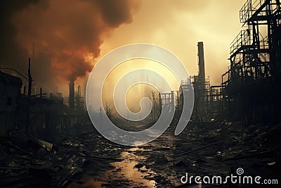 Factory in the smoke. Global warming concept. 3D illustration, Abandoned industrial area shrouded in smoke and smog, Disaster Cartoon Illustration