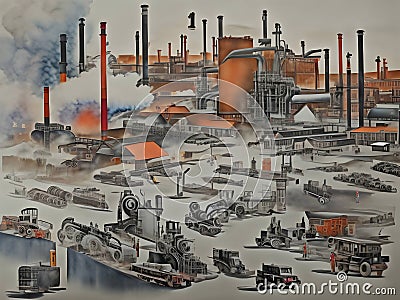 Factory, machine tools cars, smoking chimneys, modernist illustrations. Cartoon Illustration