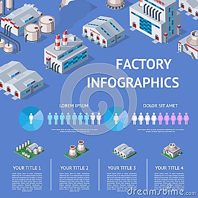 Factory vector industrial building and industry manufacture with engineering power illustration isometric infographics Vector Illustration