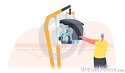 Factory Worker Male Character Managing Assembly Process Setup Vehicle Part on Car Production Line, Automated Manufacture Vector Illustration