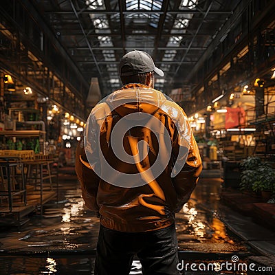 Factory worker. A man in work clothes stands with his back against the backdrop of a factory. AI generative Stock Photo