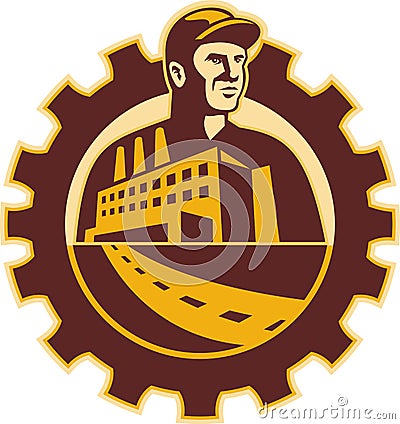 Factory Worker Mechanic With Cog Building Vector Illustration