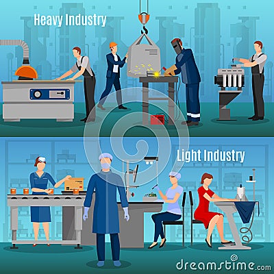 Factory Workers Banners Set Vector Illustration