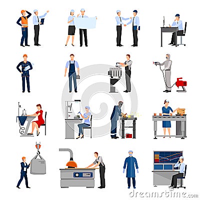 Factory Workers People Icons Set Vector Illustration