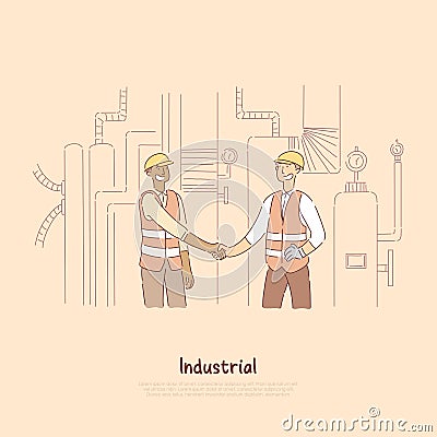 Factory workers shaking hands, engineers, colleagues, partners with hardhats, safety vests with reflective stripes Vector Illustration