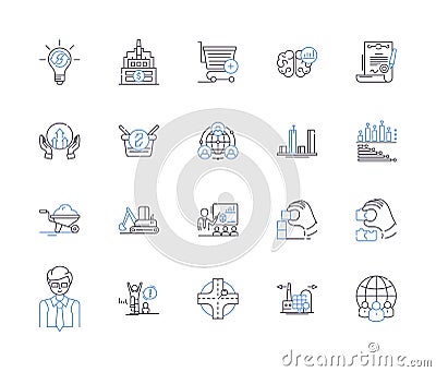 Factory workflow outline icons collection. Factories, Workflow, Production, Manufacturing, Process, Quality, Machines Vector Illustration
