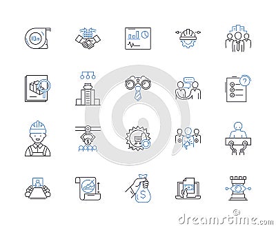 Factory workflow outline icons collection. Factories, Workflow, Production, Manufacturing, Process, Quality, Machines Vector Illustration