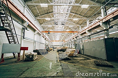 Factory workshop inside, steel machinery equipment, industrial interior background Stock Photo