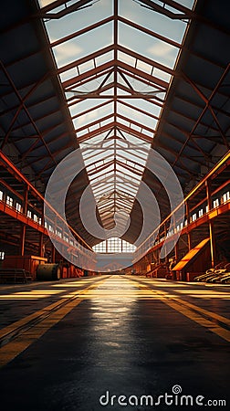 Factorys metal frame roof provides cover for the stored warehouse cargo Stock Photo