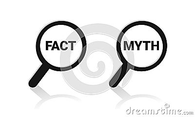 Facts myths sign. True or false. Magnifying glass with facts or myths. Concept of thorough fact-checking or easy compare evidence. Vector Illustration