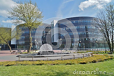 Faculty of Law and Administration, University of Lodz and urban public fountain Editorial Stock Photo