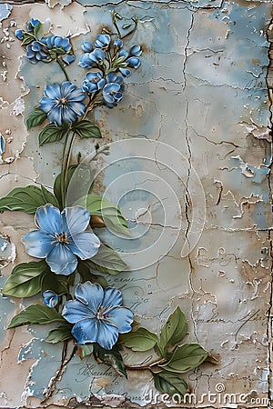 Faded Beauty: A Baroque Wall of Blue Flowers and Tarnished Treas Stock Photo