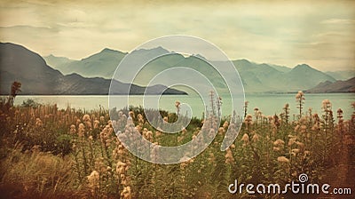 Vintage Polaroid Of Rumex Crispus Field And Mountains Stock Photo