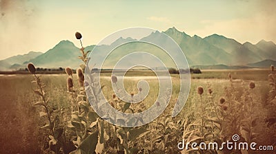 Vintage Polaroid Of Rumex Crispus Field And Mountains Stock Photo