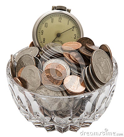 Old pocket watch coins time money financial savings Stock Photo