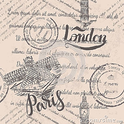 Faded text, stamps, big ben, lettering London, Paris label with hand drawn the Louvre, lettering Paris, seamless pattern Vector Illustration