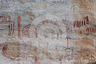Faicales Cave paintings in prehistory in San Ignacio Cajamarca Peru with figures of hunters and warriors from 5000 to 10000 BC Stock Photo
