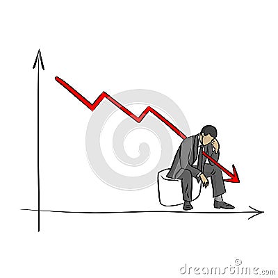 Fail businessman grabbing his head with graph going down vector illustration sketch doodle hand drawn with black lines isolated on Vector Illustration