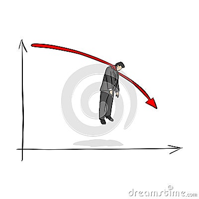 Fail businessman hanging on red graph going down vector illustration sketch doodle hand drawn with black lines isolated on white Vector Illustration
