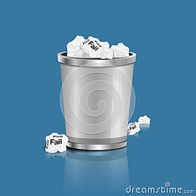 Fail - Crumpled paper can recycle was thrown to metal basket bin. Vector Illustration