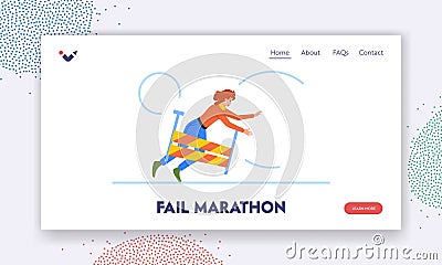 Fail Marathon Landing Page Template. Businesswoman Stumbles Over Obstacle During Race, Struggling To Regain Balance Vector Illustration