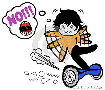 Funny vector doodle boy falls on segway. Cartoon man trying to keep balance. Guy balancing on modern electric segway or hoverboard Vector Illustration