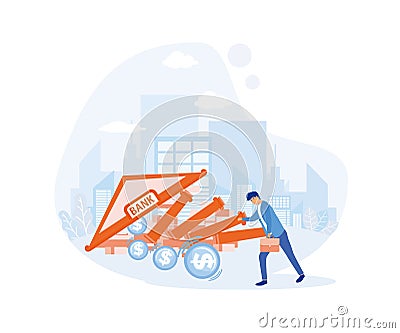 failure or investment failure concept, frustrated businessman look at collapsing bank building. Vector Illustration