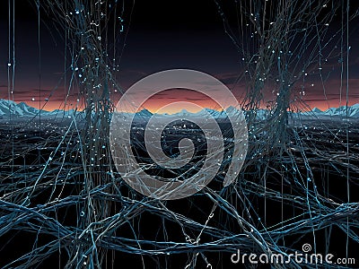 Failure of a technologically advanced network, with data streams faltering and connections wavering Cartoon Illustration