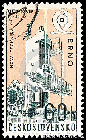 Fair emblem and Horizontal boring machine WD200, International Trade Fair Brno serie, circa 1961 Editorial Stock Photo