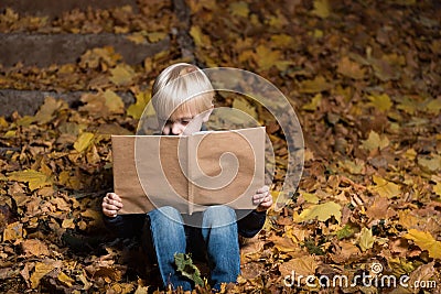 Fair haired boy sitting on autumn leaves in forest and holds large book in hands. Children`s education Stock Photo